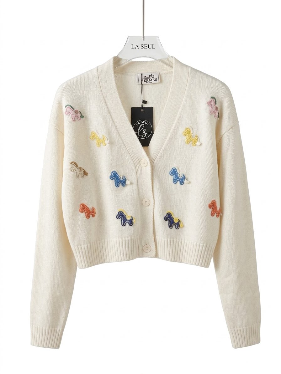 Hermès knit cardigan White with colorful embroidered horse motifs