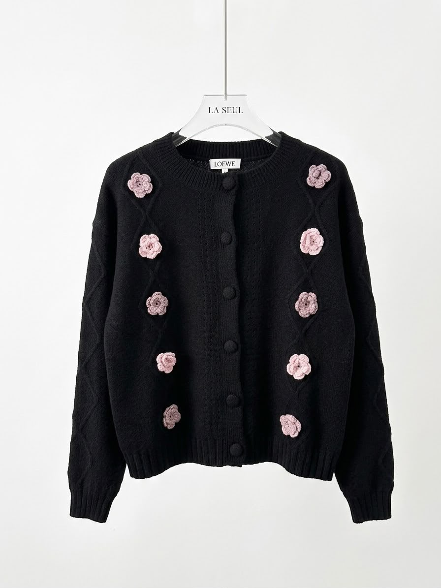 Loewe knit cardigan Black with pink 3D floral appliqués and subtle diamond texture