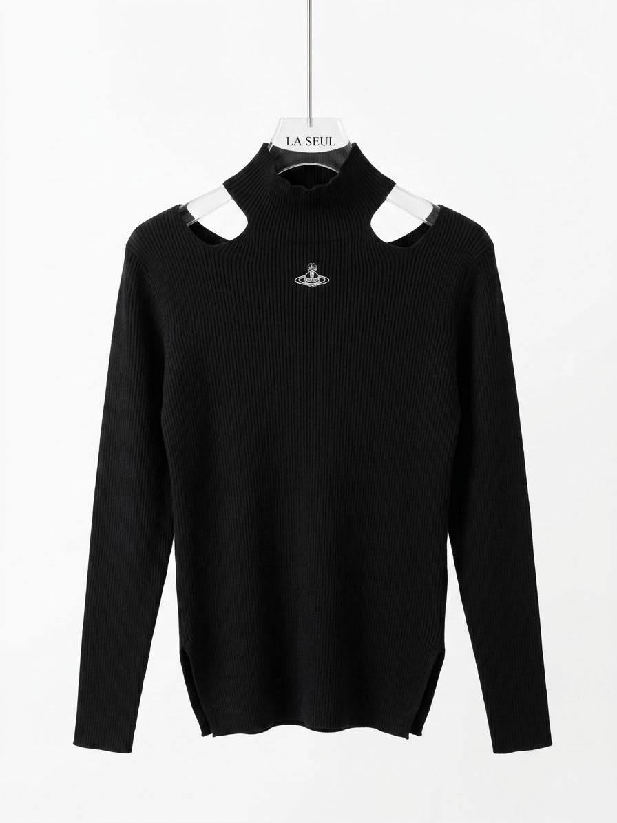 Vivienne Westwood ribbed knit sweater Black with cold-shoulder cutouts and central silver Orb logo