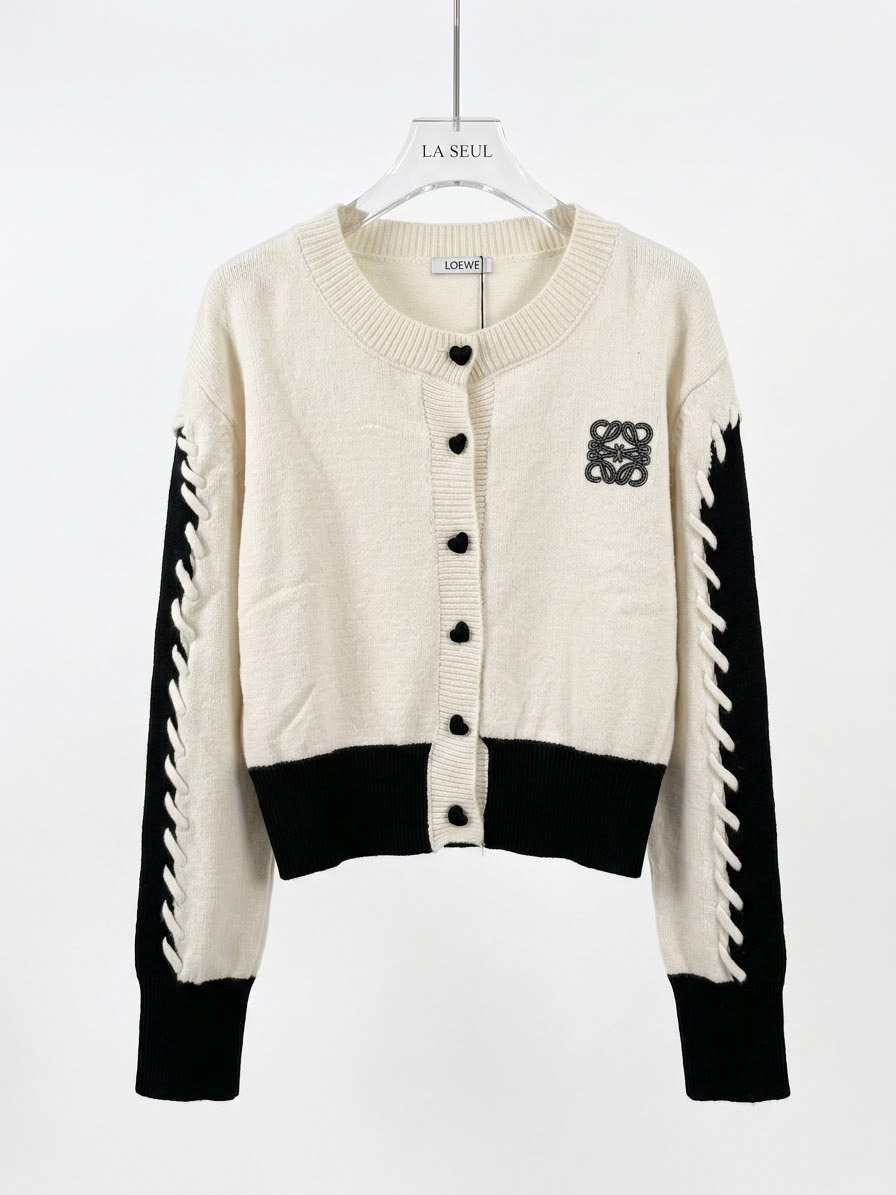 Loewe knit cardigan Cream and black with heart buttons, embroidered Anagram logo
