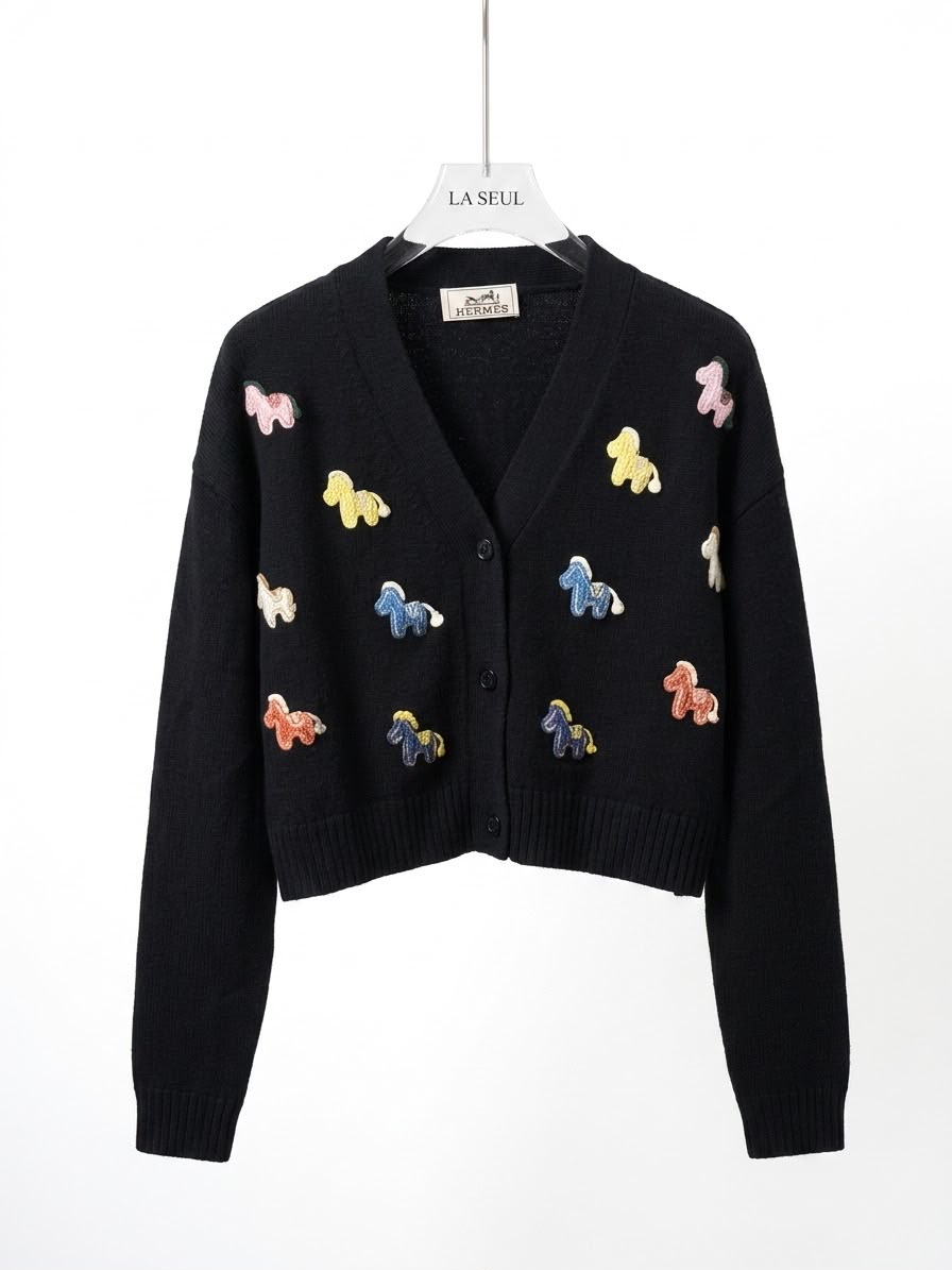 Hermès knit cardigan Black with colorful embroidered horse motifs