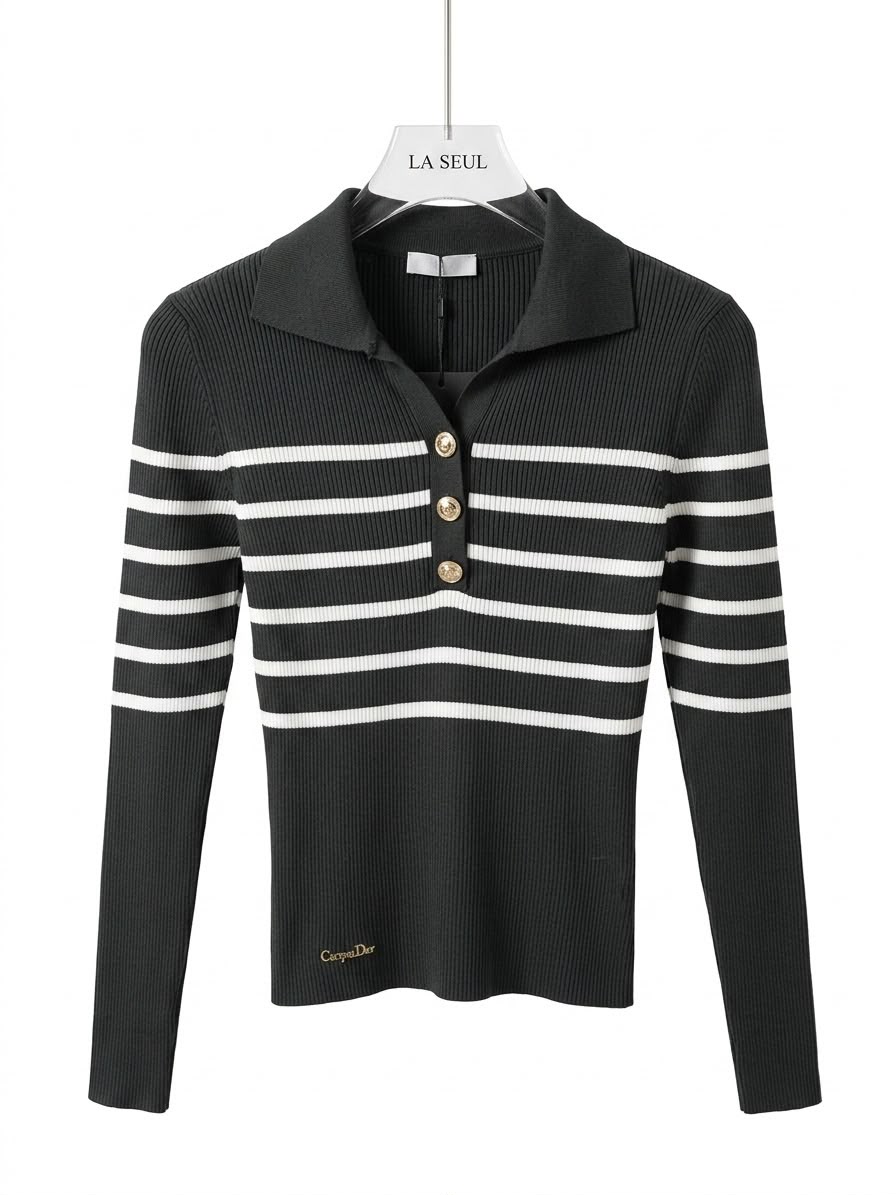 Christian Dior ribbed knit polo top Black and white striped