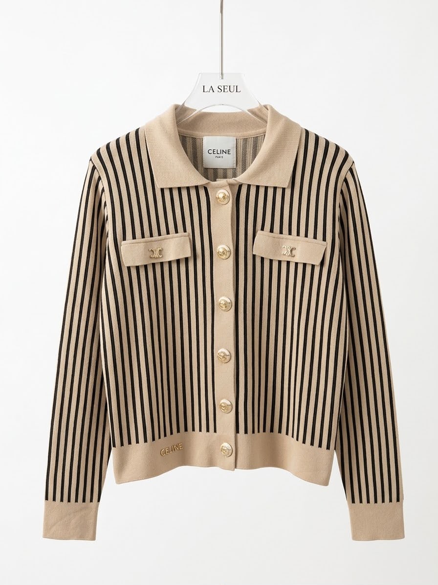 vertical striped Celine sweater Camel and black with chest pockets