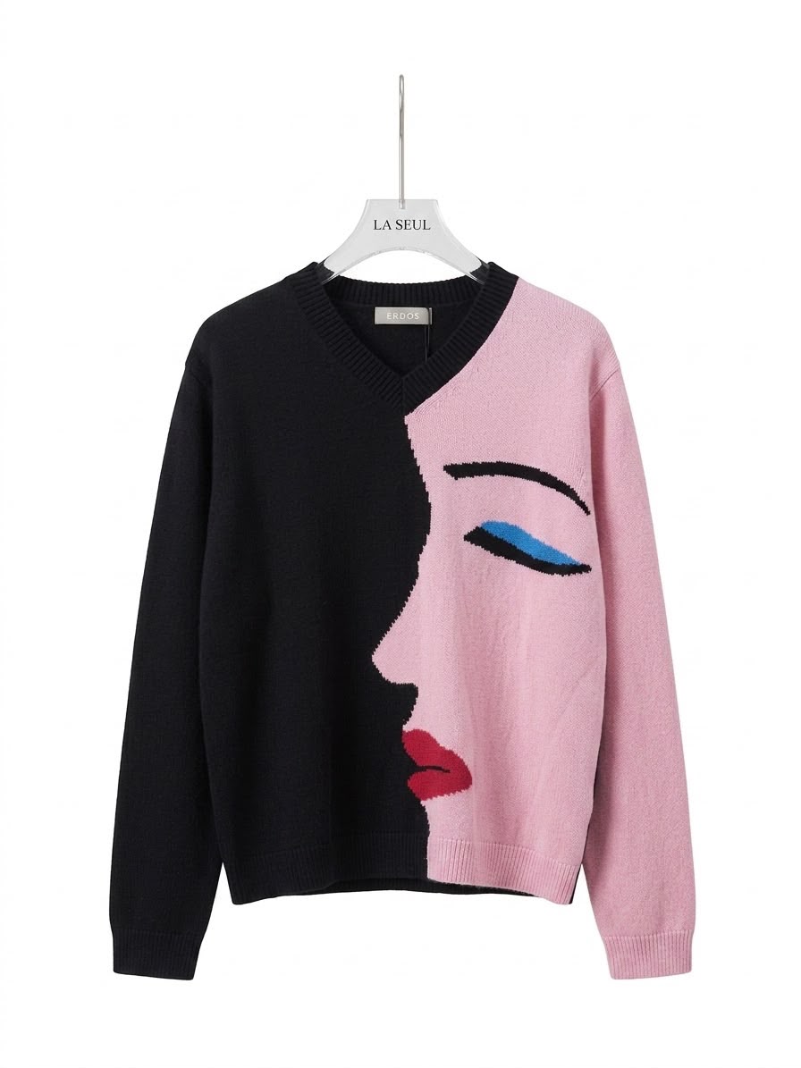 Erdos V neck sweater Black and pink with abstract face motif