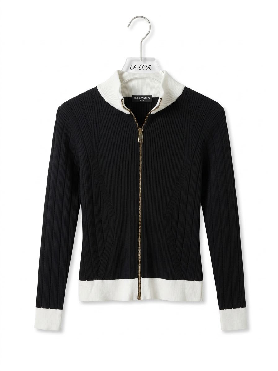 Balmain ribbed knit zip-up cardigan Black with white