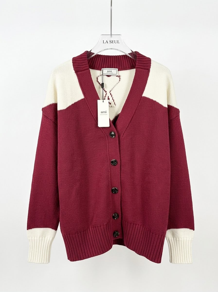 Ami knit cardigan Burgundy and cream