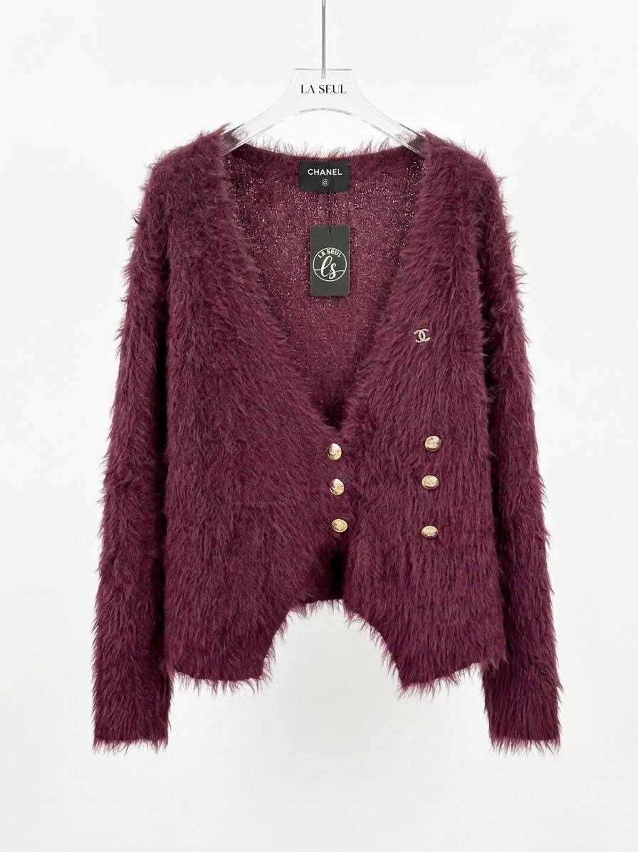 Chanel fuzzy knit cardigan Burgundy with gold buttons