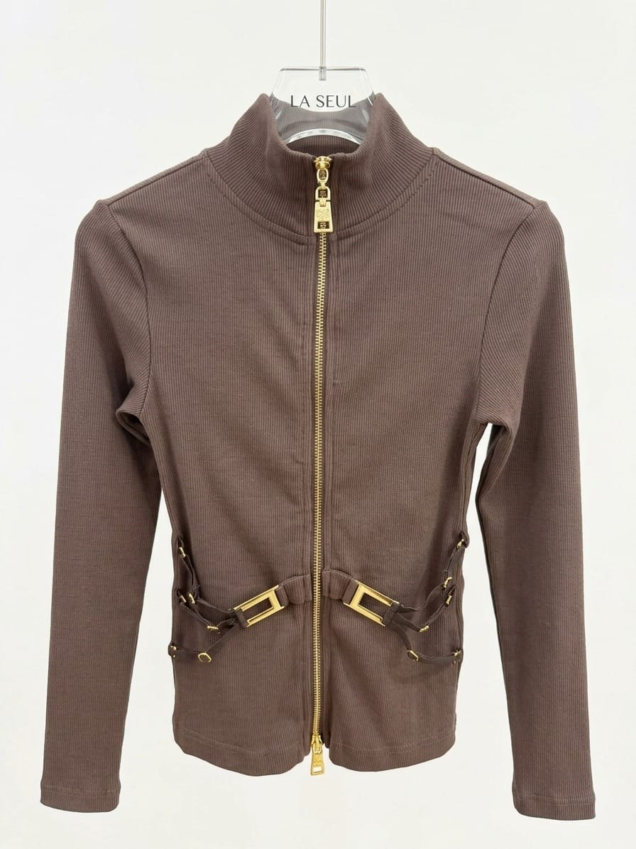 Top high neck brown zip.up Elisabetta