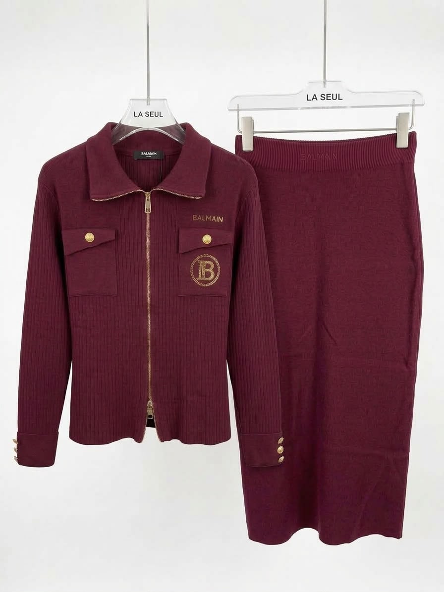 Burgundy Balmain Lycra skirt suit