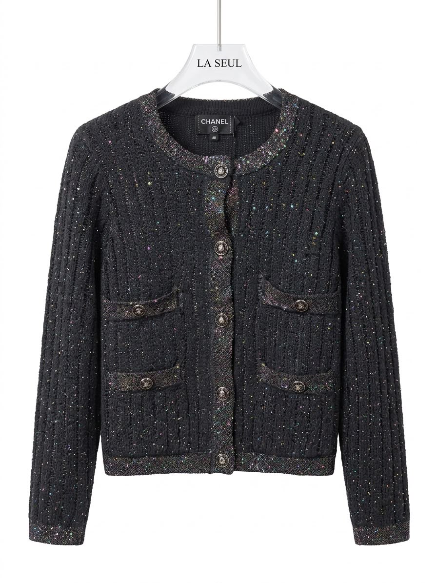Chanel ribbed knit cardigan Black with multicolored metallic threads