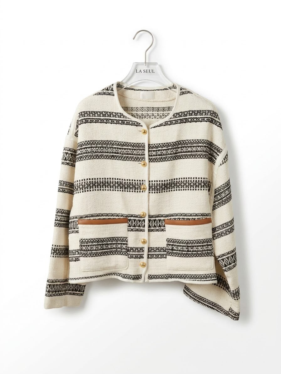 Cream striped knit cardigan with black geometric pattern and leather-trimmed pockets celine