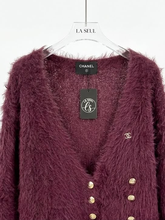 Chanel fuzzy knit cardigan Burgundy with gold buttons - Image 1