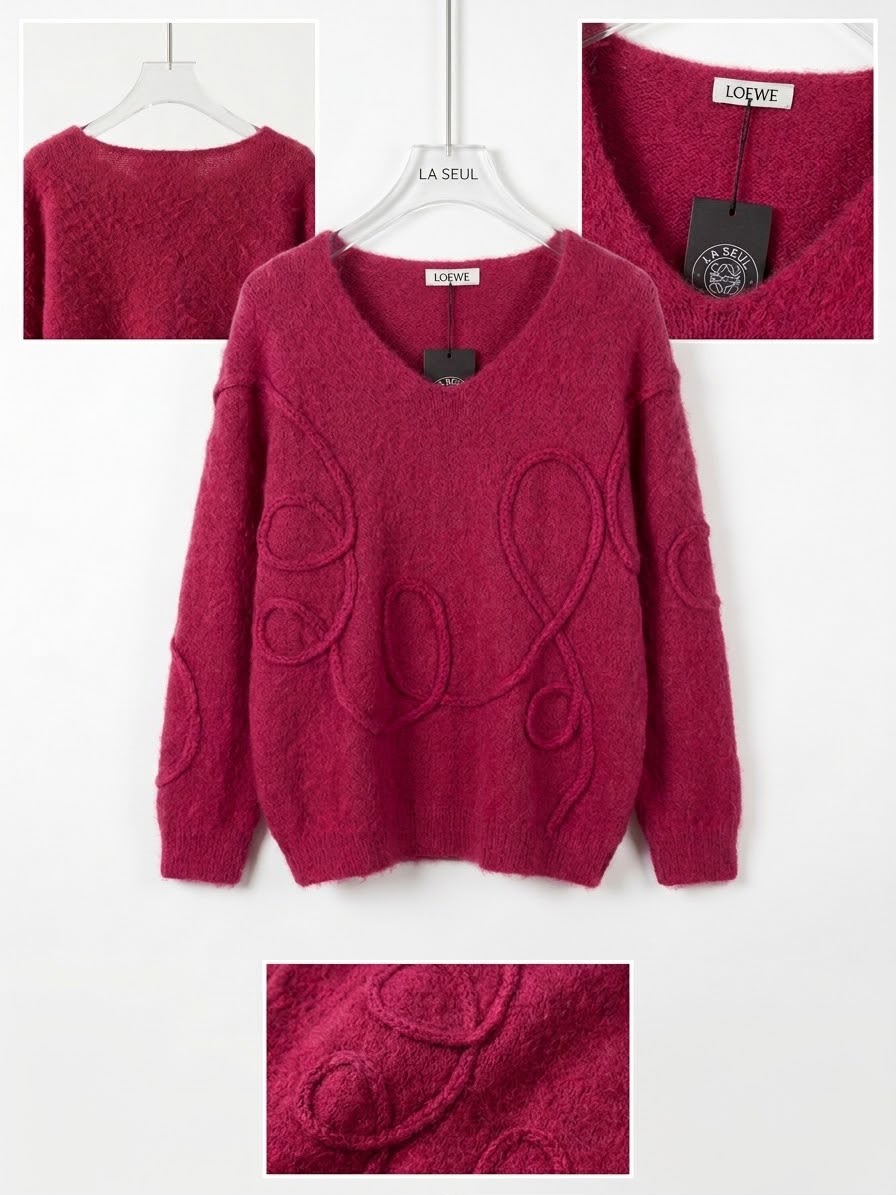 Magenta Loewe fuzzy knit V-neck sweater with raised looping yarn details - Image 2