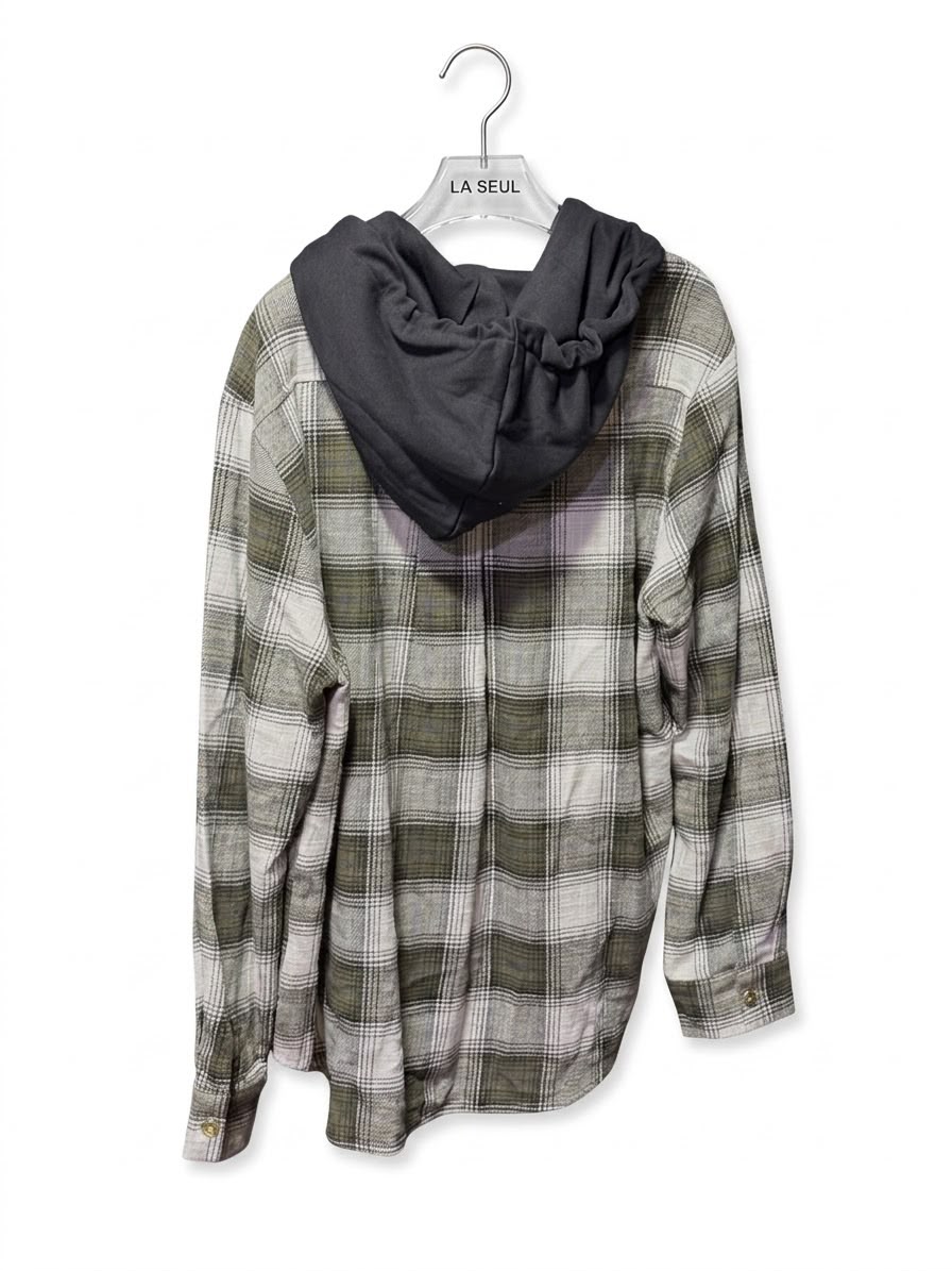 Celine plaid hooded shirt Olive green and white - Image 2