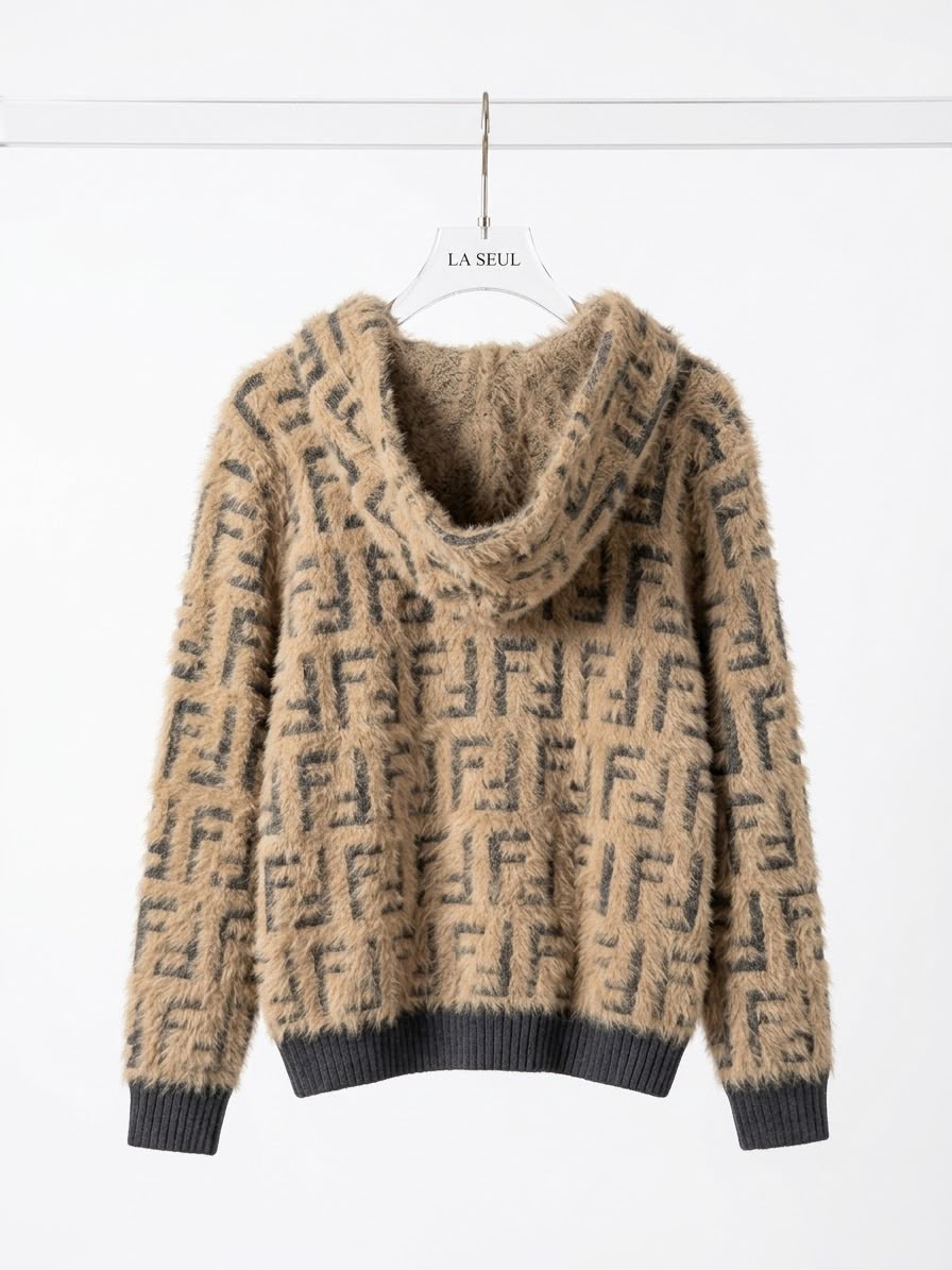 Fendi FF monogram fuzzy knit hoodie Brown - Image 1
