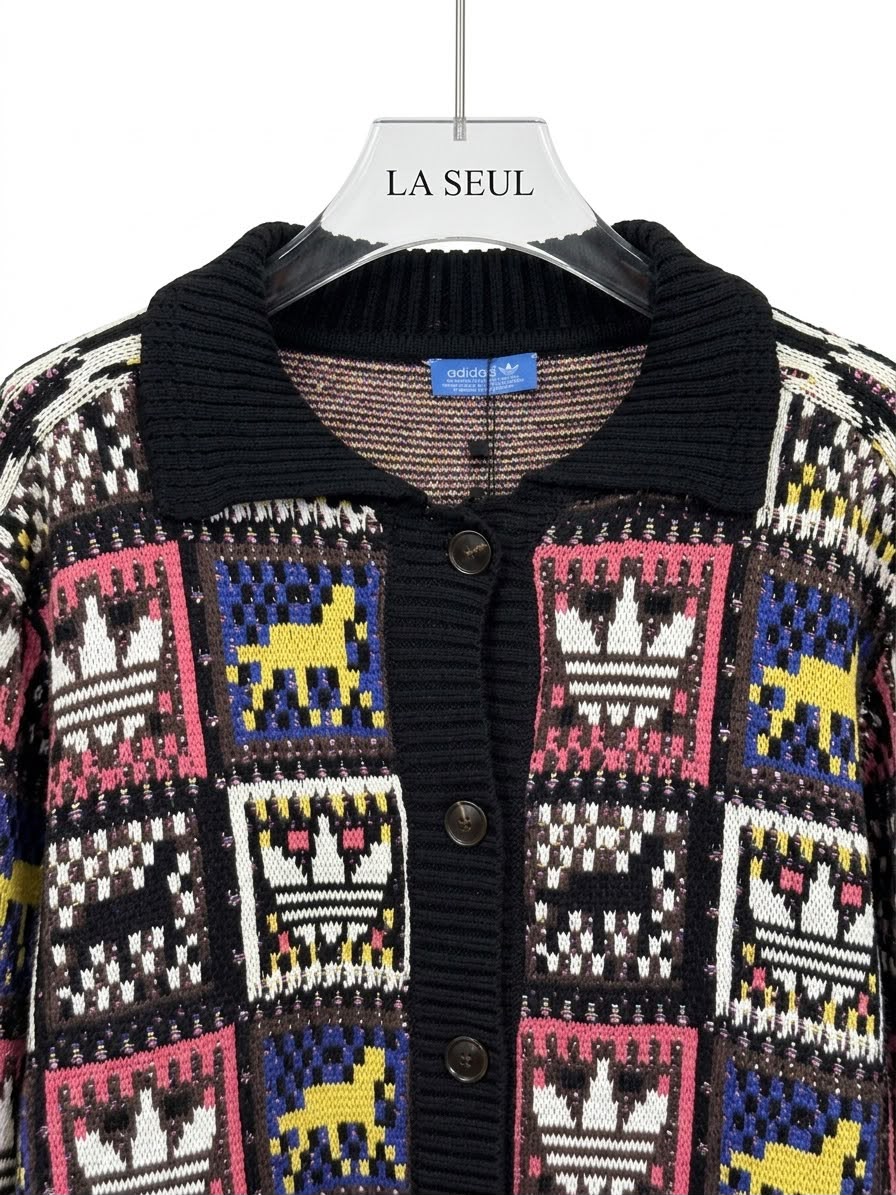 Adidas knit cardigan Black with multi-colored geometric pattern - Image 1