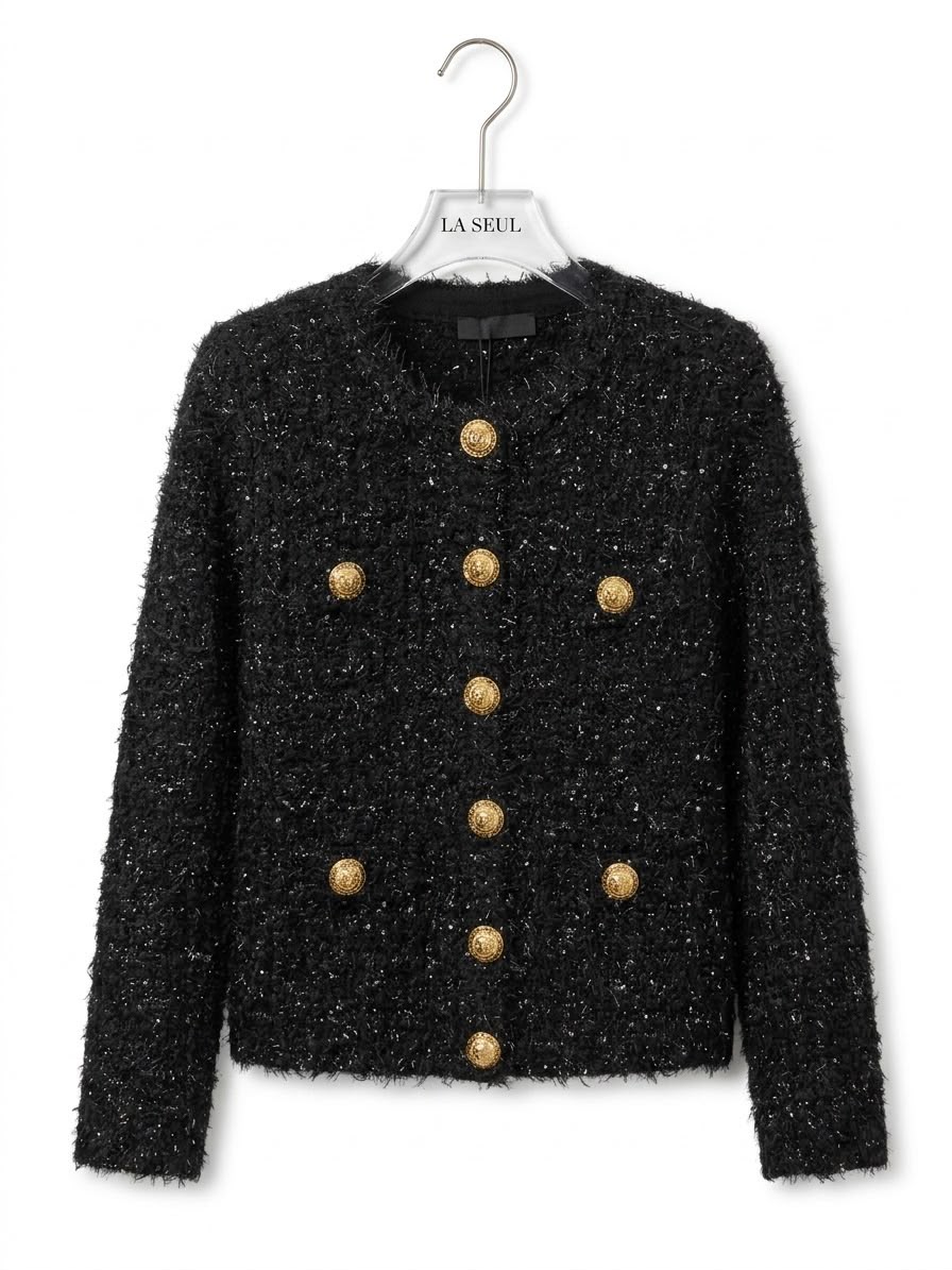 Black textured tweed jacket with subtle metallic threading and prominent gold buttons Balmain - Image 2