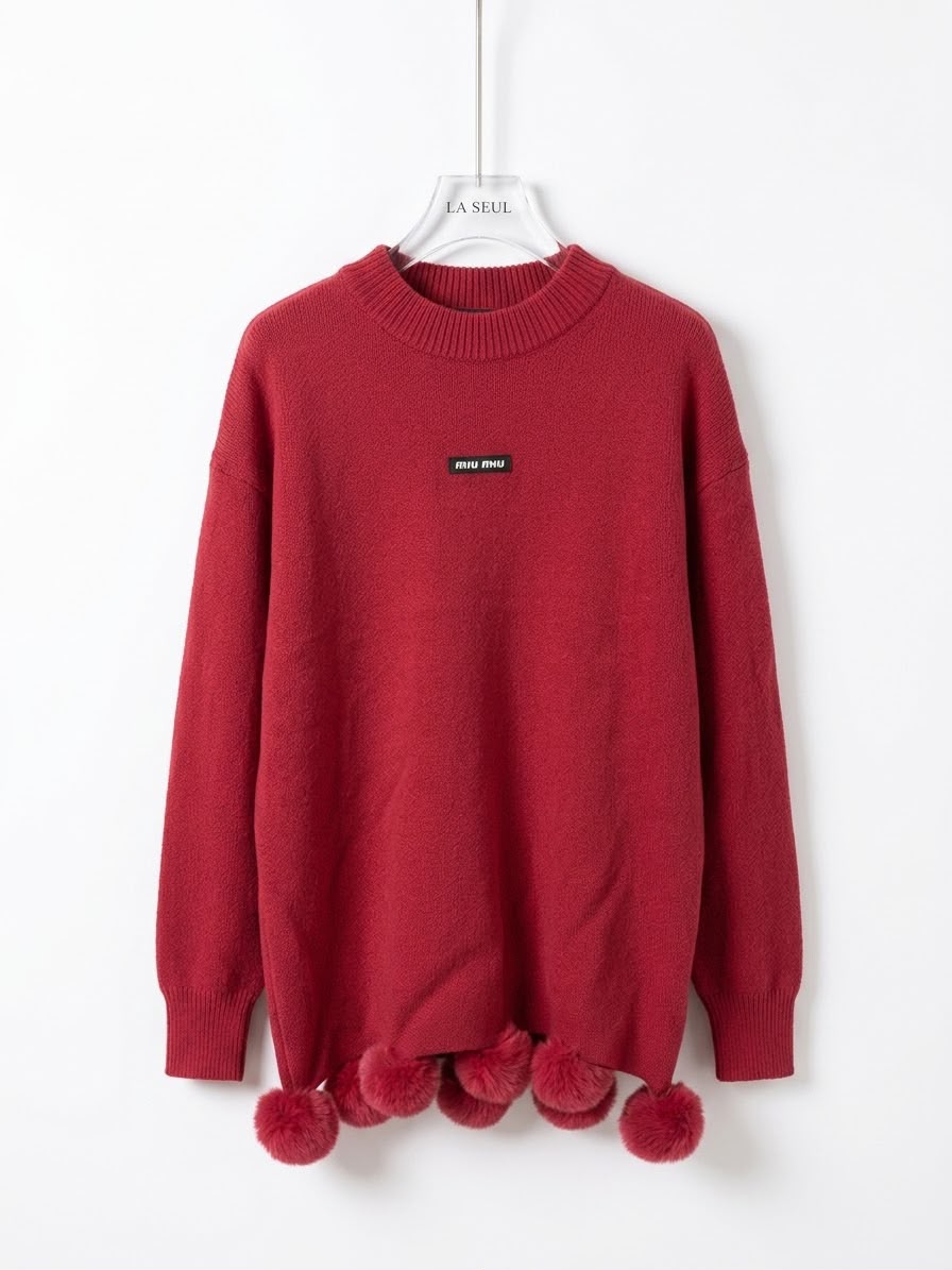 Miu Miu knit sweater Bright red  with a matching pom-pom scarf - Image 1