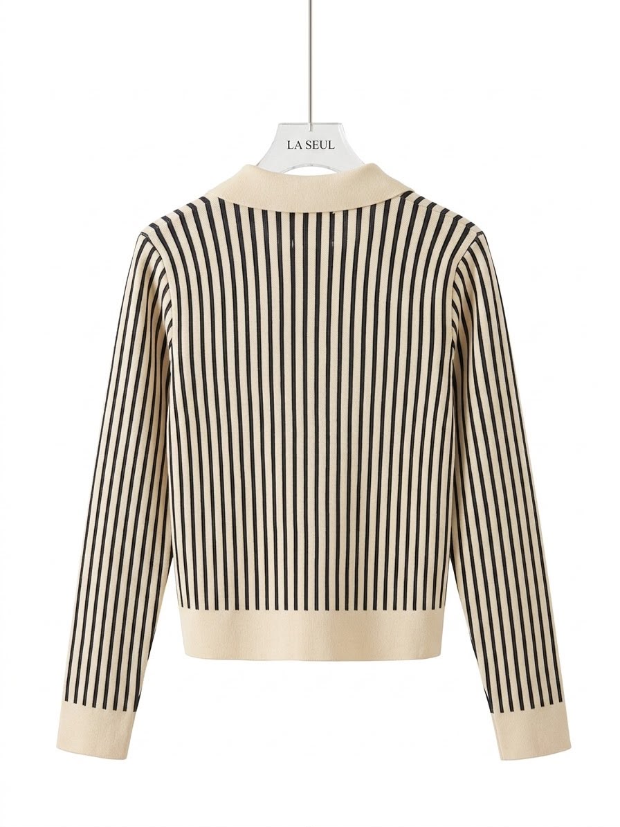 vertical striped Celine sweater Camel and black with chest pockets - Image 3