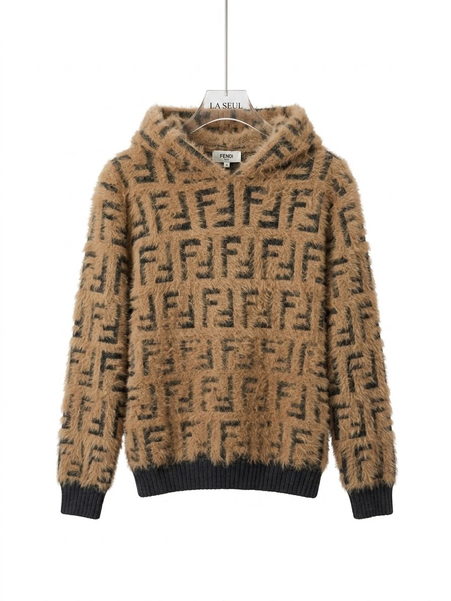 Fendi FF monogram fuzzy knit hoodie Brown - Image 2