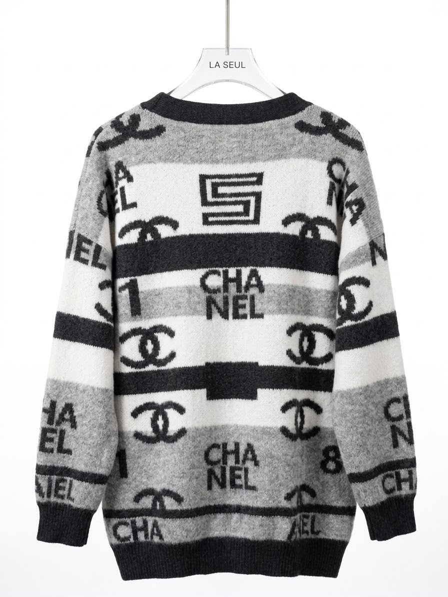 Chanel fuzzy knit cardigan Grey and white striped with CC logos - Image 2