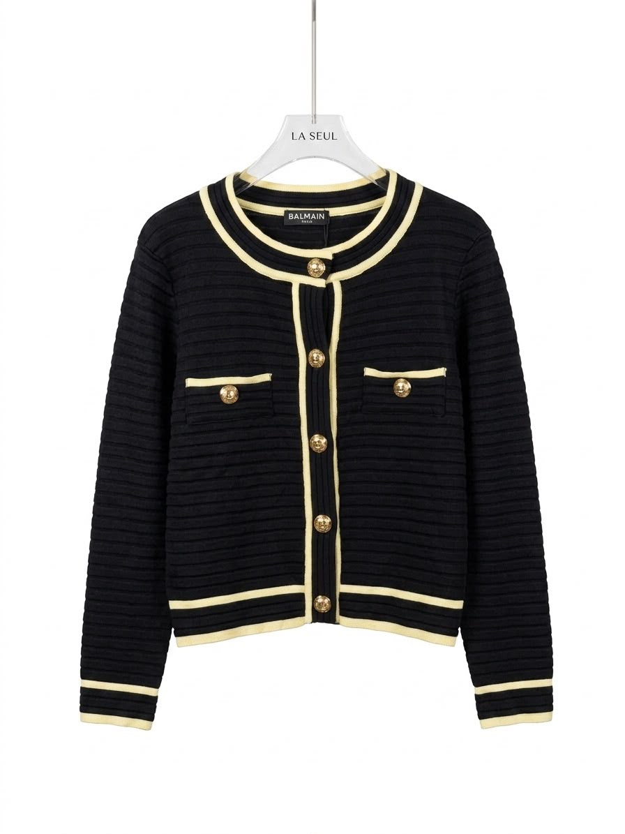 Balmain ribbed knit cardigan Black with cream trim and gold buttons - Image 2
