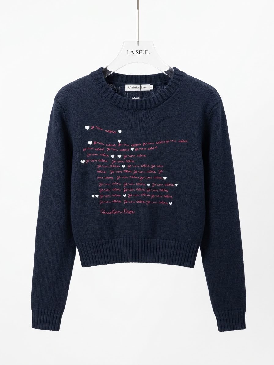 Christian Dior knit sweater Navy blue with red script embroidery - Image 1