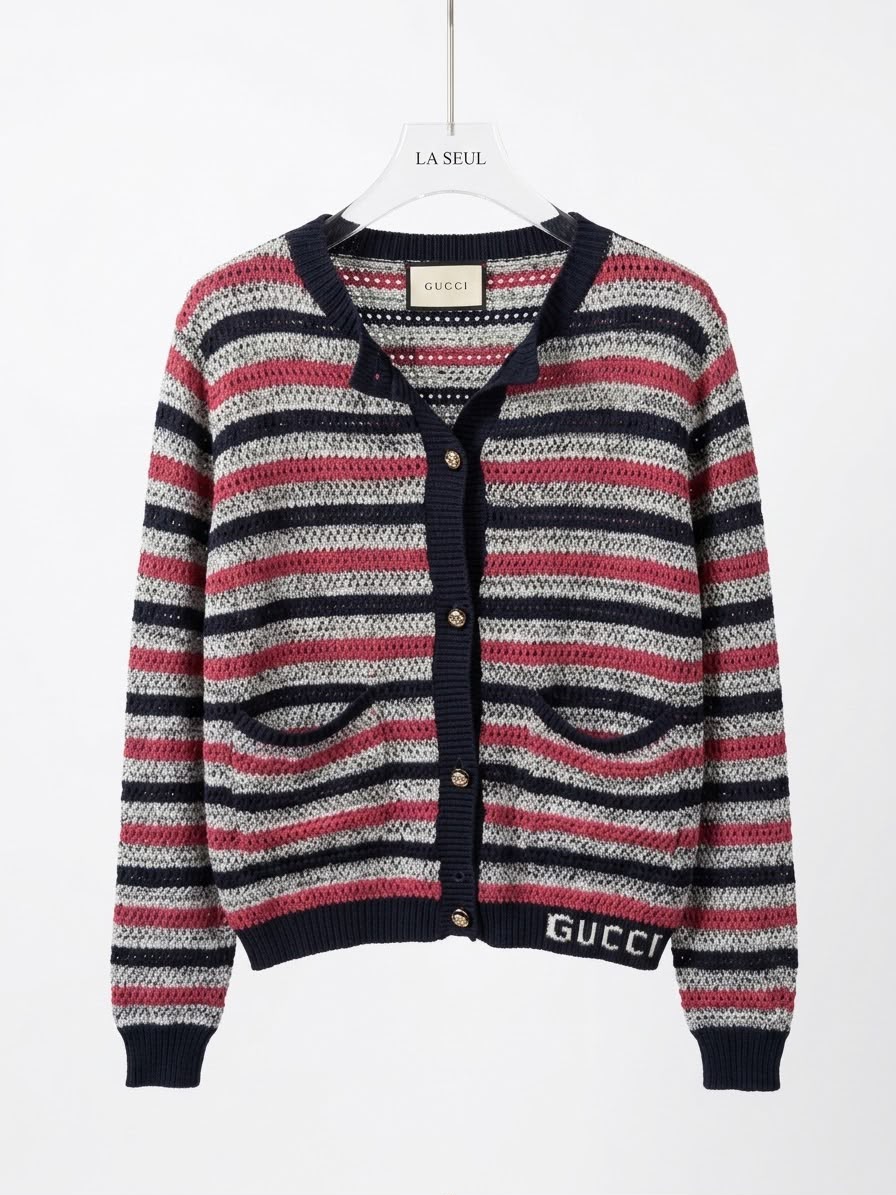 Gucci striped knit cardigan Multicolor with navy trim, gold buttons - Image 2