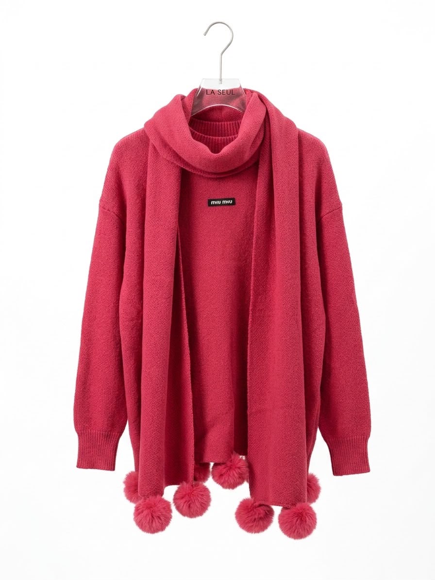 Miu Miu knit sweater Bright red  with a matching pom-pom scarf - Image 2
