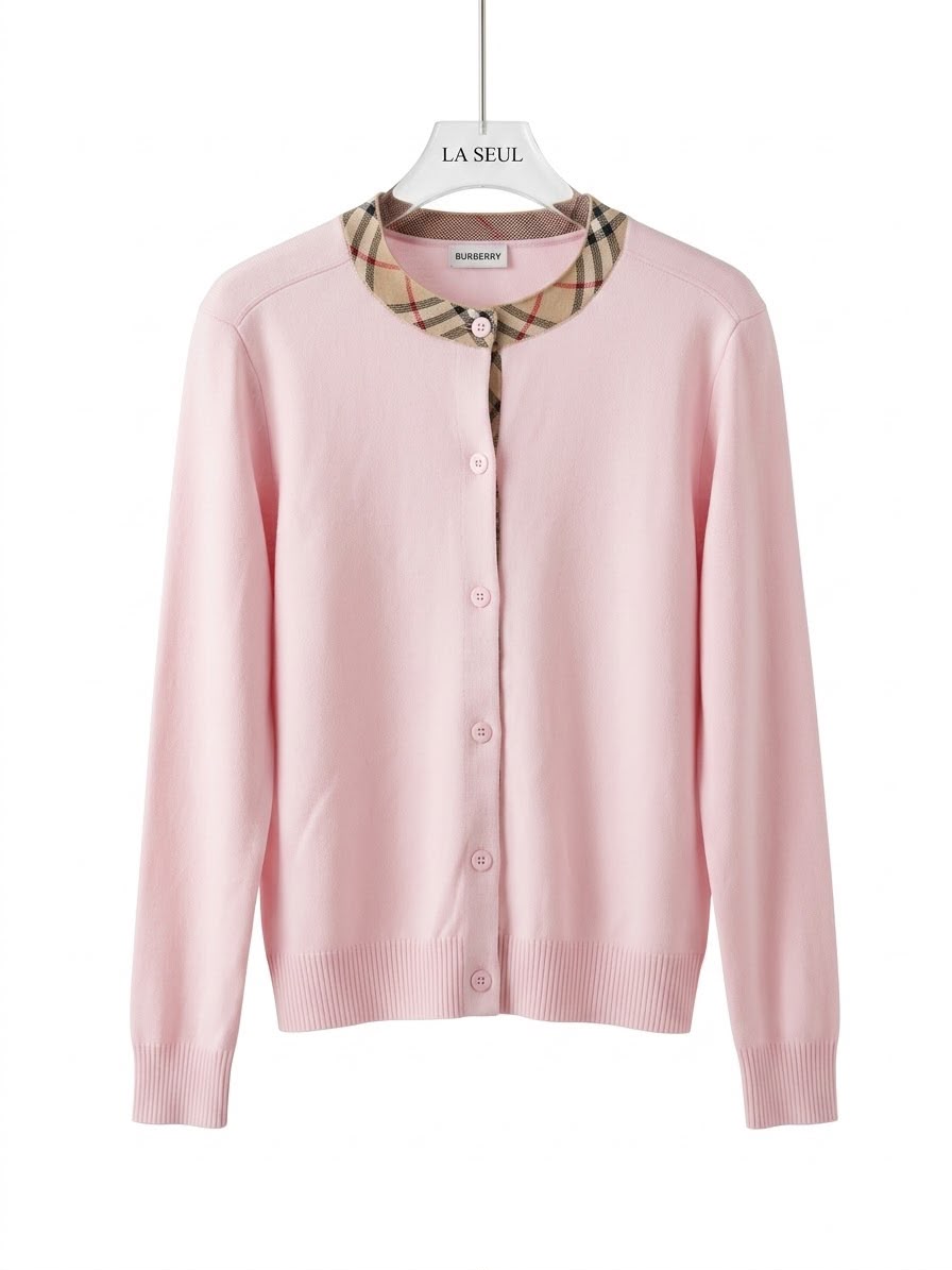 Burberry knit cardigan Light pink with signature check neckline - Image 2