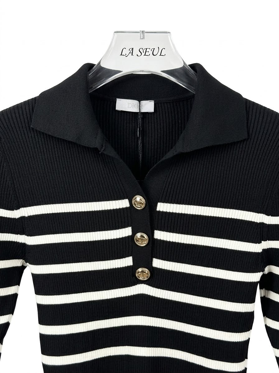 Christian Dior ribbed knit polo top Black and white striped - Image 2