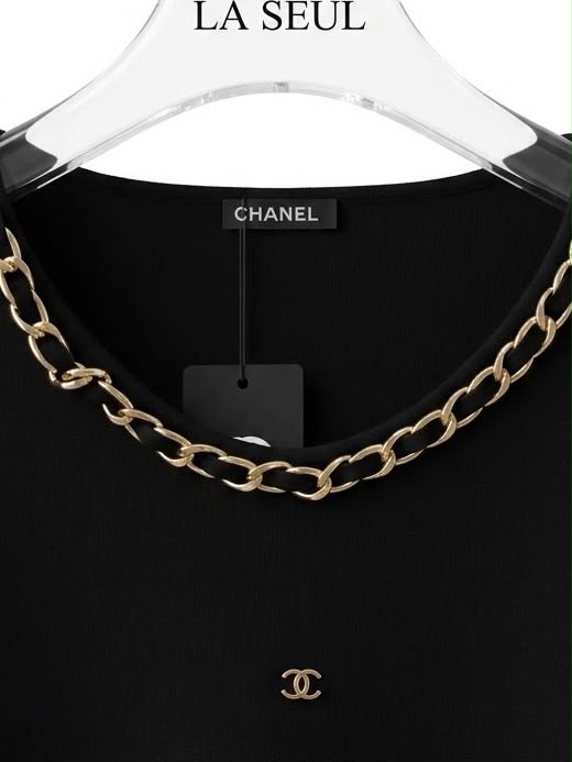 Chanel knit sweater Black with a gold chain neckline and fringed sleeves - Image 2