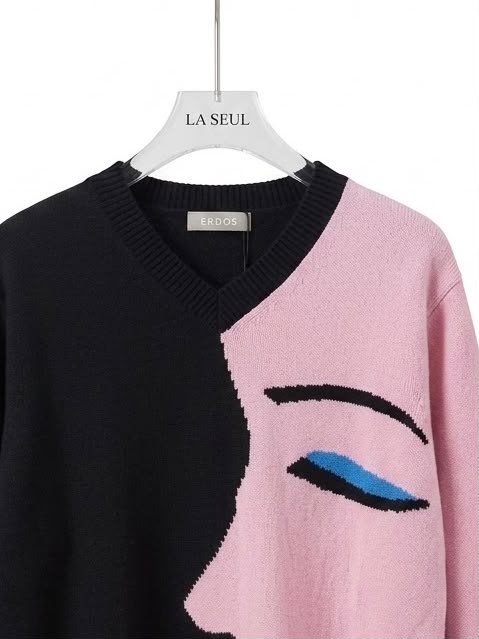 Erdos V neck sweater Black and pink with abstract face motif - Image 3