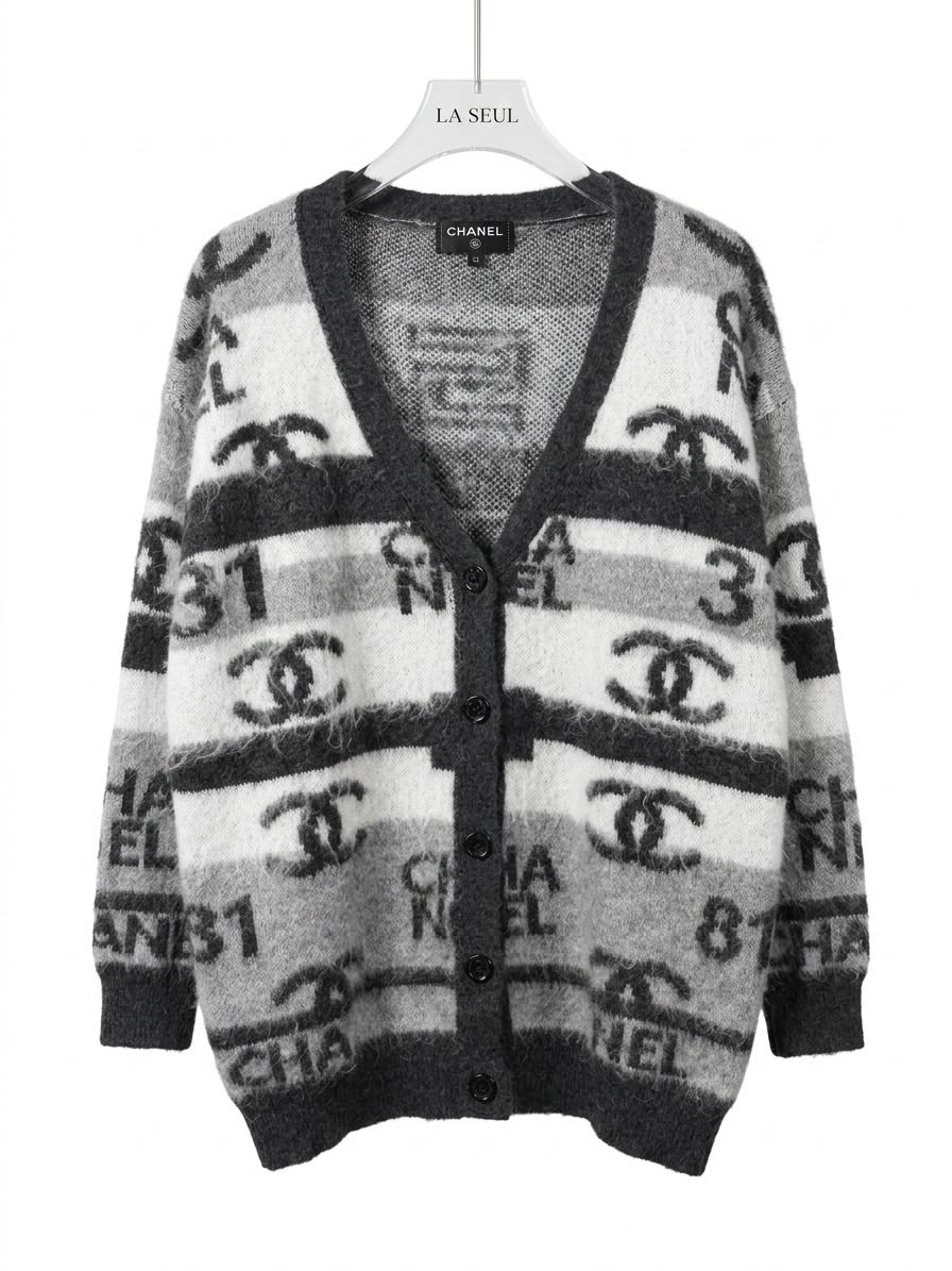 Chanel fuzzy knit cardigan Grey and white striped with CC logos - Image 1