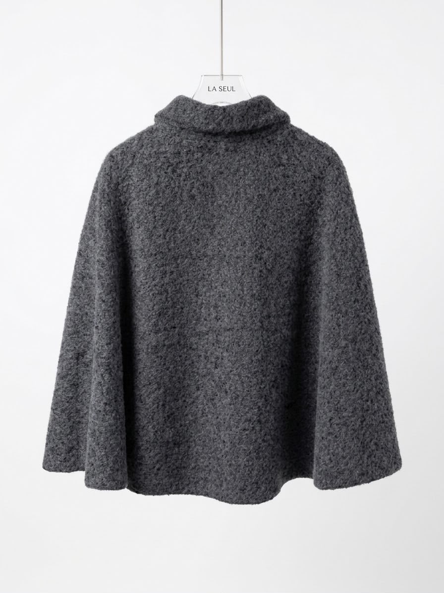 Celine textured wool wrap cape Charcoal grey with gold shoulder buttons and Triomphe logo - Image 3