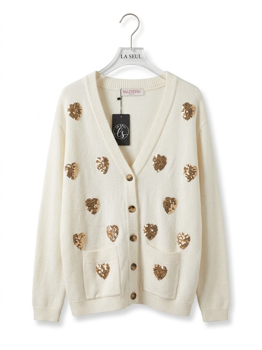 Valentino knit cardigan Cream with gold sequin hearts - Image 3