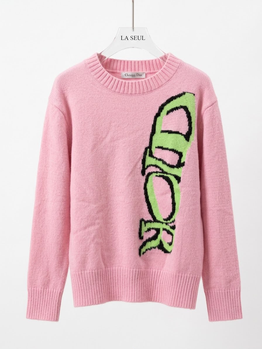 Christian Dior knit sweater Pink with large green vertical logo - Image 2