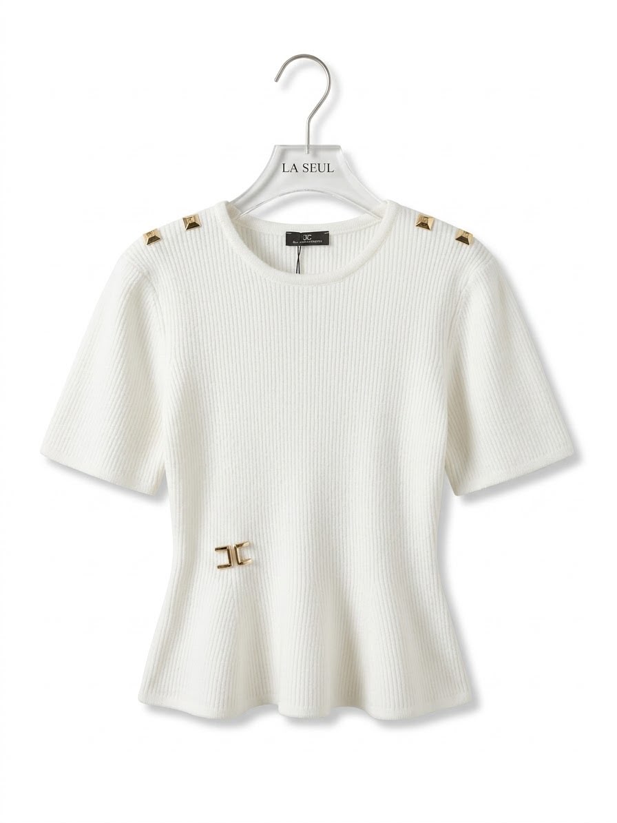 Elisabetta Franchi ribbed knit peplum top White with gold shoulder studs and metal waist logo - Image 2