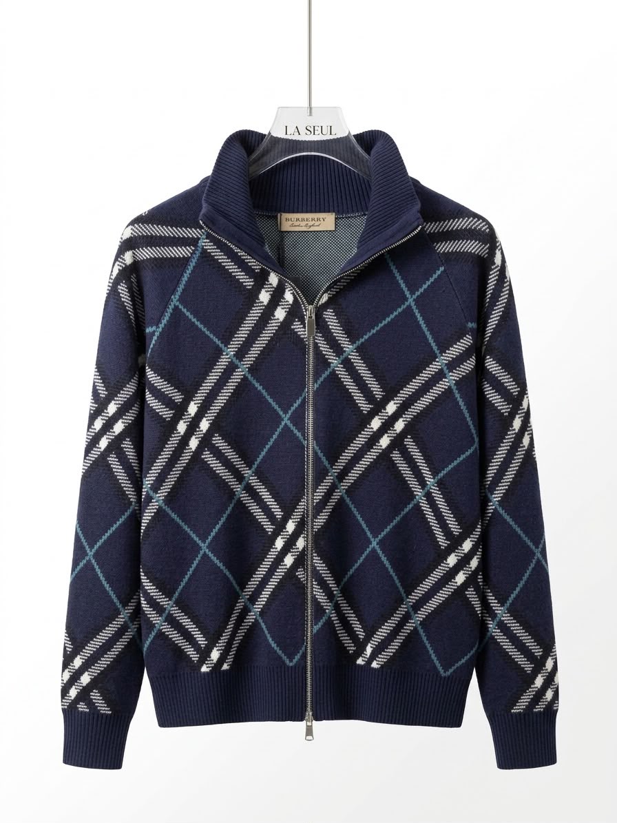 Burberry diagonal check zip-up knit sweater Navy blue - Image 2
