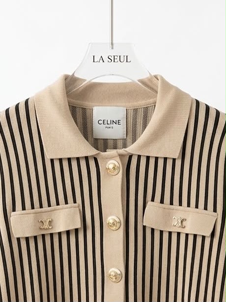 vertical striped Celine sweater Camel and black with chest pockets - Image 1