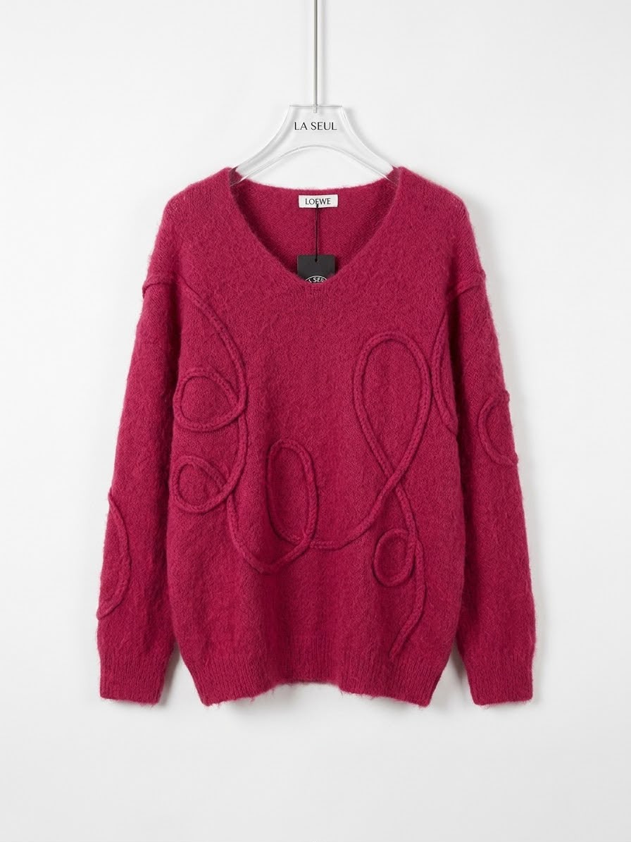 Magenta Loewe fuzzy knit V-neck sweater with raised looping yarn details - Image 1