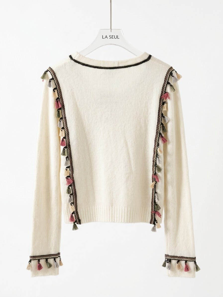 Chanel knit sweater White with cursive logo and colorful tassel trim - Image 2