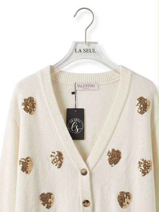 Valentino knit cardigan Cream with gold sequin hearts - Image 2