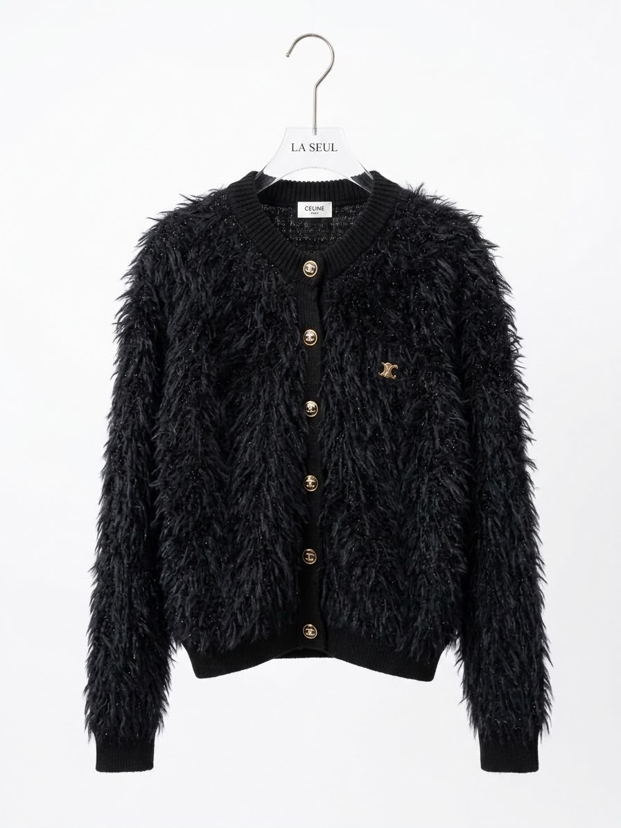 Celine shaggy knit cardigan Black with gold Triomphe logo and buttons - Image 1