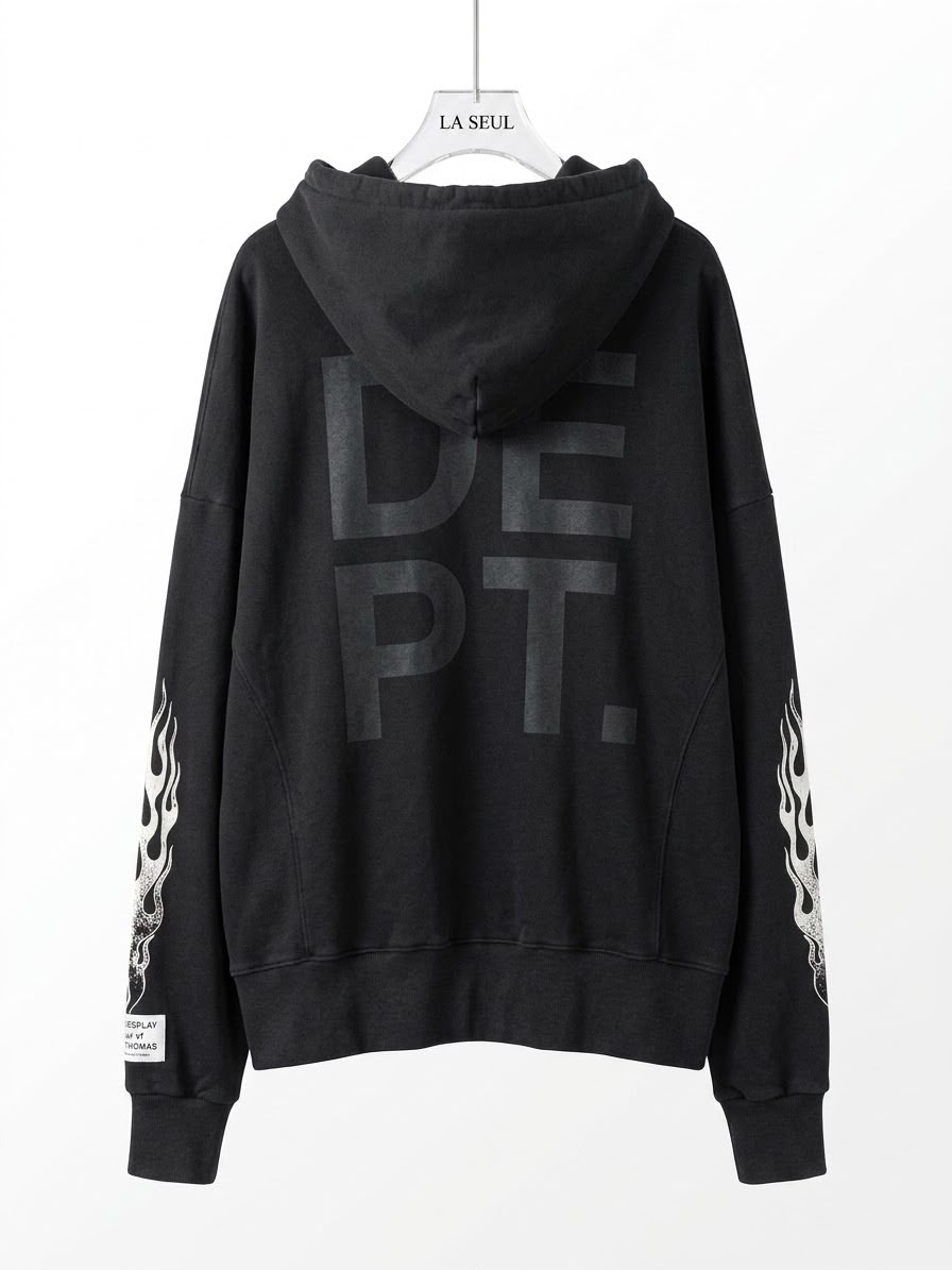 Gallery hoodie Black with tonal chest logo and flame sleeve graphics - Image 3