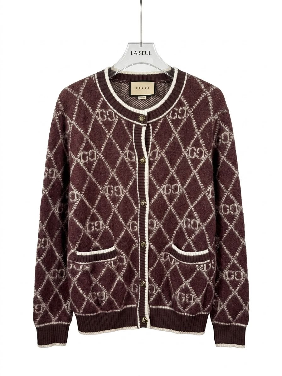 Gucci monogram argyle knit cardigan Burgundy - Image 2