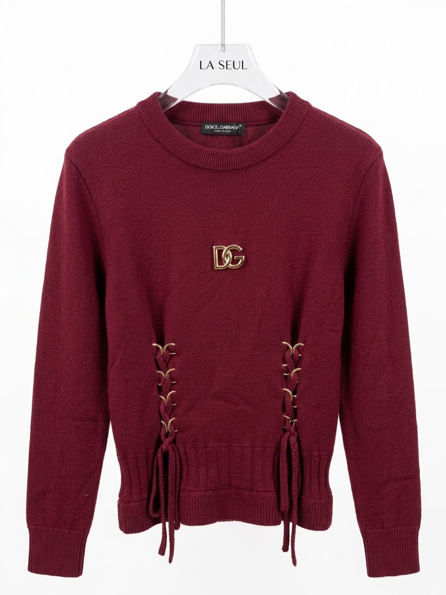 Dolce & Gabbana knit sweater Burgundy with corset-style lacing and a central gold DG logo - Image 3