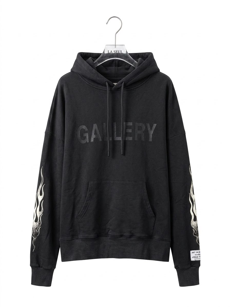 Gallery hoodie Black with tonal chest logo and flame sleeve graphics - Image 2