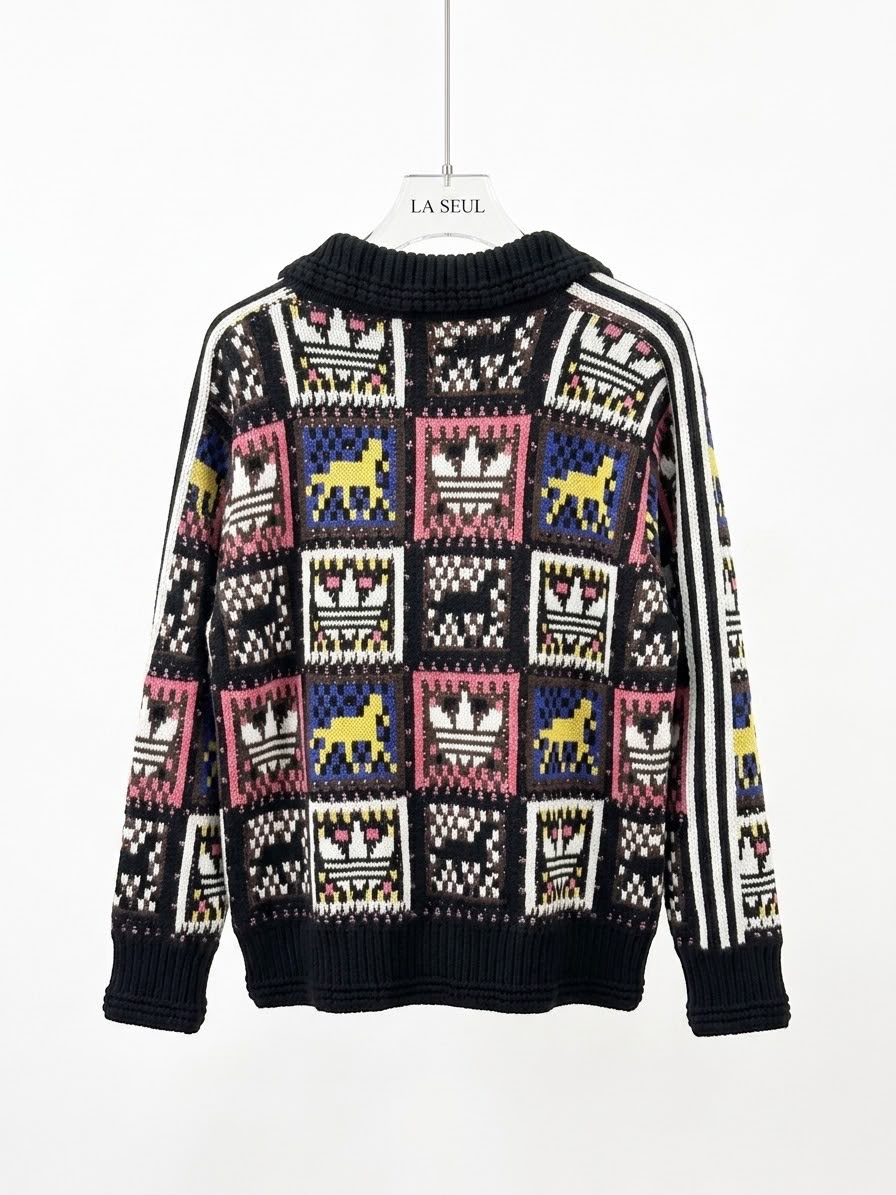 Adidas knit cardigan Black with multi-colored geometric pattern - Image 3