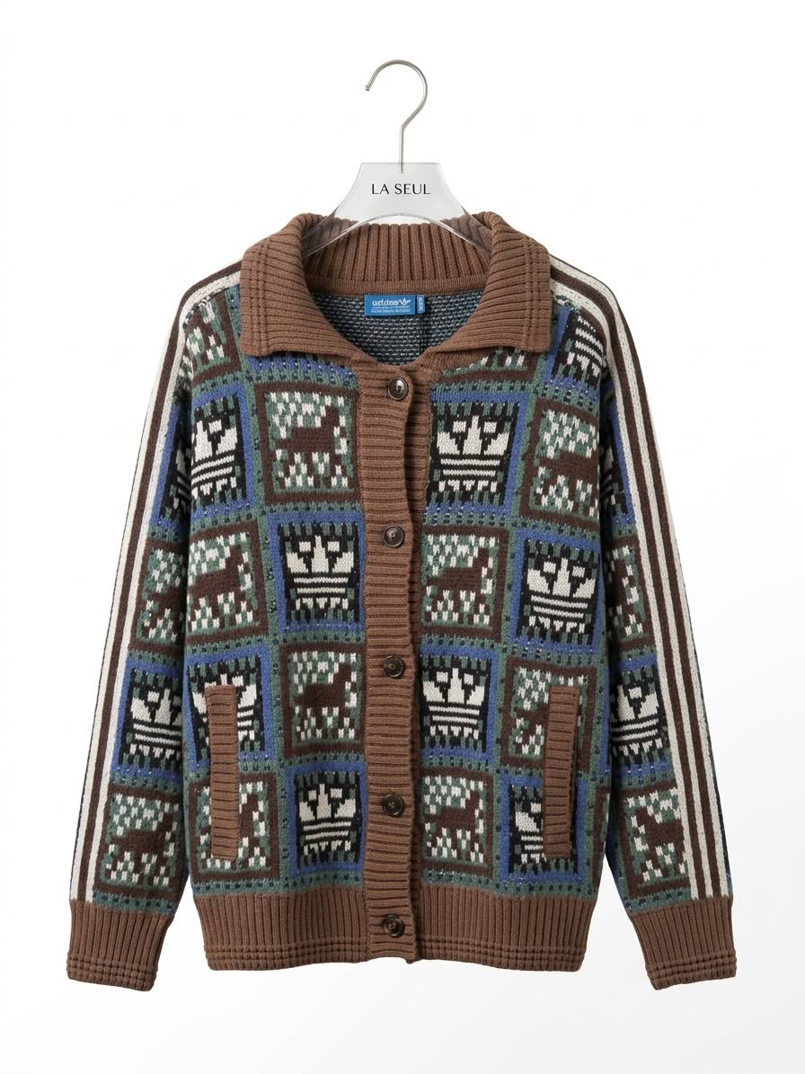 Adidas jacquard knit cardigan Brown and blue with repeating Trefoil logo pattern - Image 2